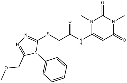 N-(1,3-dimethyl-2,6-dioxopyrimidin-4-yl)-2-[[5-(methoxymethyl)-4-phenyl-1,2,4-triazol-3-yl]sulfanyl]acetamide 结构式