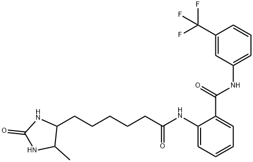 2-[6-(5-methyl-2-oxoimidazolidin-4-yl)hexanoylamino]-N-[3-(trifluoromethyl)phenyl]benzamide 结构式