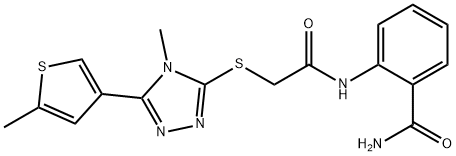 2-[[2-[[4-methyl-5-(5-methylthiophen-3-yl)-1,2,4-triazol-3-yl]sulfanyl]acetyl]amino]benzamide 结构式