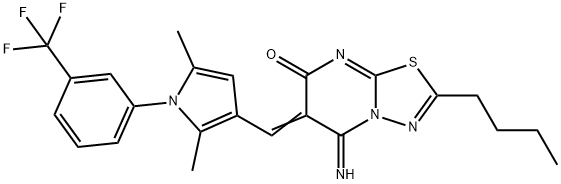 (6E)-2-butyl-6-[[2,5-dimethyl-1-[3-(trifluoromethyl)phenyl]pyrrol-3-yl]methylidene]-5-imino-[1,3,4]thiadiazolo[3,2-a]pyrimidin-7-one 结构式