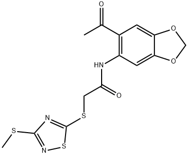 N-(6-acetyl-1,3-benzodioxol-5-yl)-2-[(3-methylsulfanyl-1,2,4-thiadiazol-5-yl)sulfanyl]acetamide 结构式