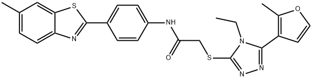 2-[[4-ethyl-5-(2-methylfuran-3-yl)-1,2,4-triazol-3-yl]sulfanyl]-N-[4-(6-methyl-1,3-benzothiazol-2-yl)phenyl]acetamide 结构式