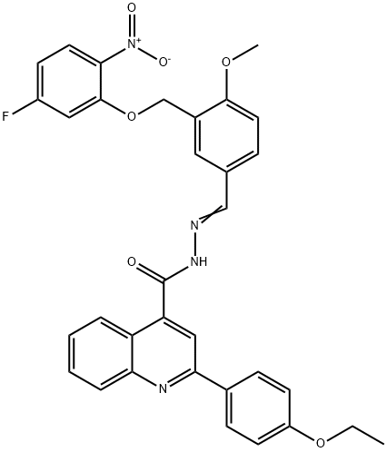 2-(4-ethoxyphenyl)-N-[(E)-[3-[(5-fluoro-2-nitrophenoxy)methyl]-4-methoxyphenyl]methylideneamino]quinoline-4-carboxamide 结构式