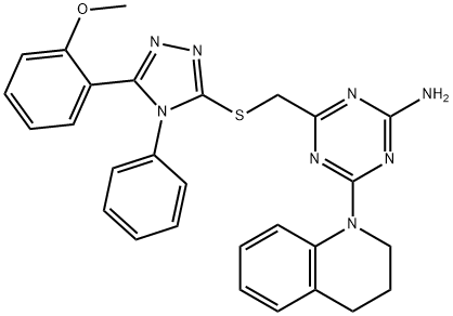 4-(3,4-dihydro-2H-quinolin-1-yl)-6-[[5-(2-methoxyphenyl)-4-phenyl-1,2,4-triazol-3-yl]sulfanylmethyl]-1,3,5-triazin-2-amine 结构式