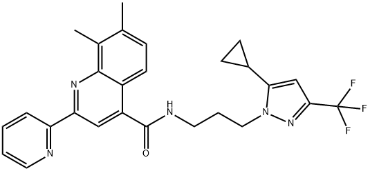 N-[3-[5-cyclopropyl-3-(trifluoromethyl)pyrazol-1-yl]propyl]-7,8-dimethyl-2-pyridin-2-ylquinoline-4-carboxamide 结构式