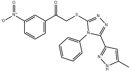 2-[[5-(5-methyl-1H-pyrazol-3-yl)-4-phenyl-1,2,4-triazol-3-yl]sulfanyl]-1-(3-nitrophenyl)ethanone 结构式