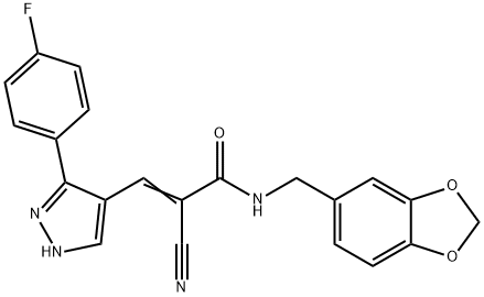 (E)-N-(1,3-benzodioxol-5-ylmethyl)-2-cyano-3-[5-(4-fluorophenyl)-1H-pyrazol-4-yl]prop-2-enamide 结构式