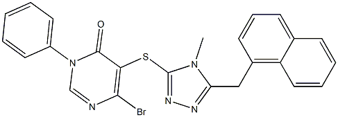 6-bromo-5-[[4-methyl-5-(naphthalen-1-ylmethyl)-1,2,4-triazol-3-yl]sulfanyl]-3-phenylpyrimidin-4-one 结构式