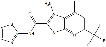 3-amino-4-methyl-N-(1,3-thiazol-2-yl)-6-(trifluoromethyl)thieno[2,3-b]pyridine-2-carboxamide 结构式