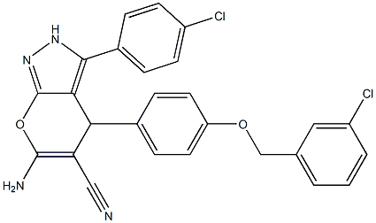 6-amino-3-(4-chlorophenyl)-4-[4-[(3-chlorophenyl)methoxy]phenyl]-2,4-dihydropyrano[2,3-c]pyrazole-5-carbonitrile 结构式