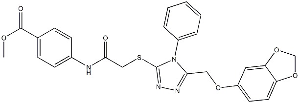 methyl 4-[[2-[[5-(1,3-benzodioxol-5-yloxymethyl)-4-phenyl-1,2,4-triazol-3-yl]sulfanyl]acetyl]amino]benzoate 结构式