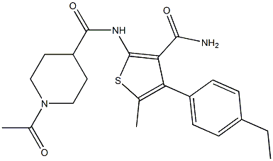 1-acetyl-N-[3-carbamoyl-4-(4-ethylphenyl)-5-methylthiophen-2-yl]piperidine-4-carboxamide 结构式