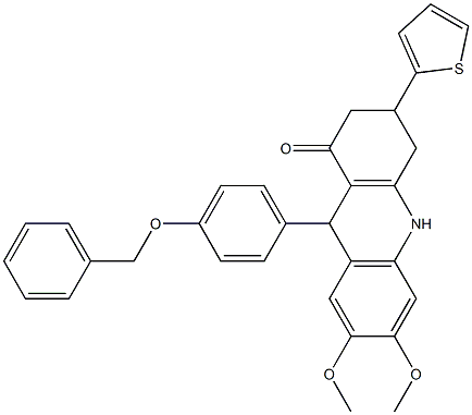6,7-dimethoxy-9-(4-phenylmethoxyphenyl)-3-thiophen-2-yl-3,4,9,10-tetrahydro-2H-acridin-1-one 结构式