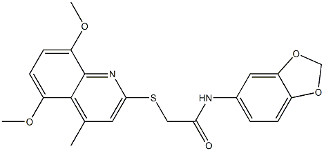 N-(1,3-benzodioxol-5-yl)-2-(5,8-dimethoxy-4-methylquinolin-2-yl)sulfanylacetamide 结构式