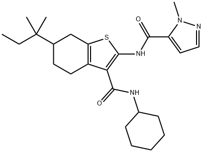 N-[3-(cyclohexylcarbamoyl)-6-(2-methylbutan-2-yl)-4,5,6,7-tetrahydro-1-benzothiophen-2-yl]-2-methylpyrazole-3-carboxamide 结构式