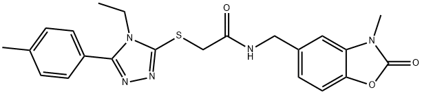 2-[[4-ethyl-5-(4-methylphenyl)-1,2,4-triazol-3-yl]sulfanyl]-N-[(3-methyl-2-oxo-1,3-benzoxazol-5-yl)methyl]acetamide 结构式