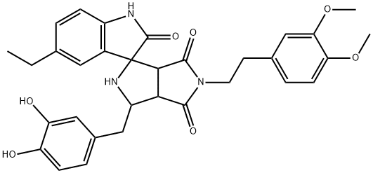 1-[(3,4-dihydroxyphenyl)methyl]-5-[2-(3,4-dimethoxyphenyl)ethyl]-5'-ethylspiro[1,2,3a,6a-tetrahydropyrrolo[3,4-c]pyrrole-3,3'-1H-indole]-2',4,6-trione 结构式