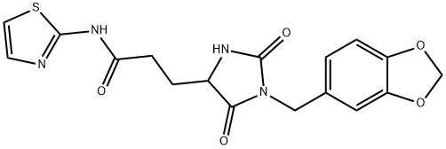 3-[1-(1,3-benzodioxol-5-ylmethyl)-2,5-dioxoimidazolidin-4-yl]-N-(1,3-thiazol-2-yl)propanamide 结构式