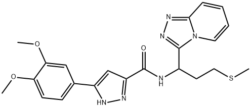 3-(3,4-dimethoxyphenyl)-N-[3-methylsulfanyl-1-([1,2,4]triazolo[4,3-a]pyridin-3-yl)propyl]-1H-pyrazole-5-carboxamide 结构式