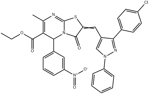 ethyl (2Z)-2-[[3-(4-chlorophenyl)-1-phenylpyrazol-4-yl]methylidene]-7-methyl-5-(3-nitrophenyl)-3-oxo-5H-[1,3]thiazolo[3,2-a]pyrimidine-6-carboxylate 结构式