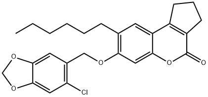 7-[(6-chloro-1,3-benzodioxol-5-yl)methoxy]-8-hexyl-2,3-dihydro-1H-cyclopenta[c]chromen-4-one 结构式