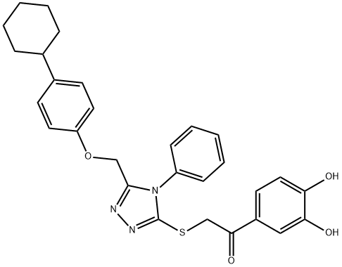 2-[[5-[(4-cyclohexylphenoxy)methyl]-4-phenyl-1,2,4-triazol-3-yl]sulfanyl]-1-(3,4-dihydroxyphenyl)ethanone 结构式