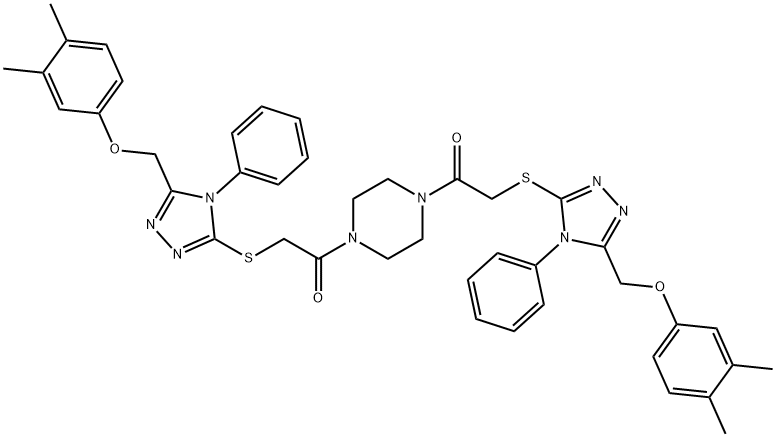 2-[[5-[(3,4-dimethylphenoxy)methyl]-4-phenyl-1,2,4-triazol-3-yl]sulfanyl]-1-[4-[2-[[5-[(3,4-dimethylphenoxy)methyl]-4-phenyl-1,2,4-triazol-3-yl]sulfanyl]acetyl]piperazin-1-yl]ethanone 结构式