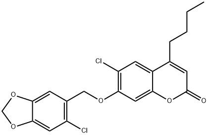 4-butyl-6-chloro-7-[(6-chloro-1,3-benzodioxol-5-yl)methoxy]chromen-2-one 结构式