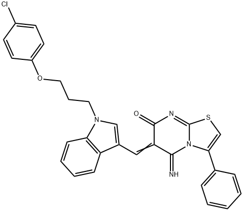 (6E)-6-[[1-[3-(4-chlorophenoxy)propyl]indol-3-yl]methylidene]-5-imino-3-phenyl-[1,3]thiazolo[3,2-a]pyrimidin-7-one 结构式