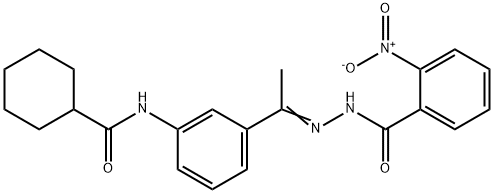 N-[(Z)-1-[3-(cyclohexanecarbonylamino)phenyl]ethylideneamino]-2-nitrobenzamide 结构式