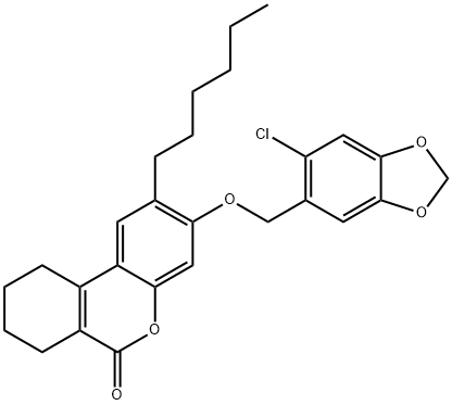 3-[(6-chloro-1,3-benzodioxol-5-yl)methoxy]-2-hexyl-7,8,9,10-tetrahydrobenzo[c]chromen-6-one 结构式