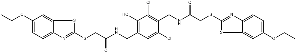 N-[[3,5-dichloro-4-[[[2-[(6-ethoxy-1,3-benzothiazol-2-yl)sulfanyl]acetyl]amino]methyl]-2-hydroxyphenyl]methyl]-2-[(6-ethoxy-1,3-benzothiazol-2-yl)sulfanyl]acetamide 结构式