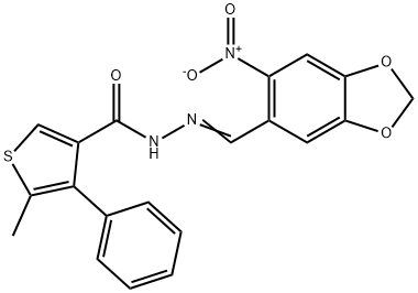 5-methyl-N-[(E)-(6-nitro-1,3-benzodioxol-5-yl)methylideneamino]-4-phenylthiophene-3-carboxamide 结构式