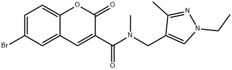 6-bromo-N-[(1-ethyl-3-methylpyrazol-4-yl)methyl]-N-methyl-2-oxochromene-3-carboxamide 结构式