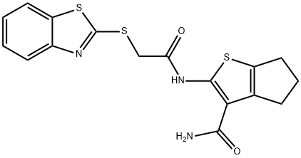 2-[[2-(1,3-benzothiazol-2-ylsulfanyl)acetyl]amino]-5,6-dihydro-4H-cyclopenta[b]thiophene-3-carboxamide 结构式