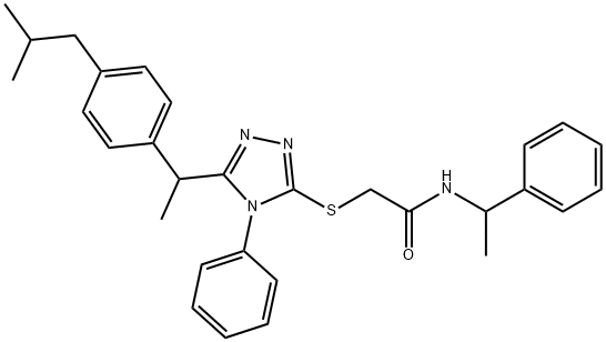 2-[[5-[1-[4-(2-methylpropyl)phenyl]ethyl]-4-phenyl-1,2,4-triazol-3-yl]sulfanyl]-N-(1-phenylethyl)acetamide 结构式