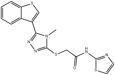 2-[[5-(1-benzothiophen-3-yl)-4-methyl-1,2,4-triazol-3-yl]sulfanyl]-N-(1,3-thiazol-2-yl)acetamide 结构式