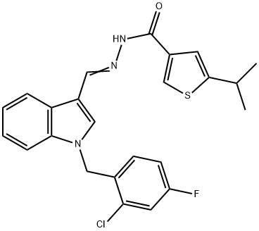 N-[(E)-[1-[(2-chloro-4-fluorophenyl)methyl]indol-3-yl]methylideneamino]-5-propan-2-ylthiophene-3-carboxamide 结构式