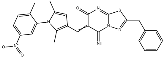 (6Z)-2-benzyl-6-[[2,5-dimethyl-1-(2-methyl-5-nitrophenyl)pyrrol-3-yl]methylidene]-5-imino-[1,3,4]thiadiazolo[3,2-a]pyrimidin-7-one 结构式