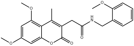 2-(5,7-dimethoxy-4-methyl-2-oxochromen-3-yl)-N-[(2-methoxyphenyl)methyl]acetamide 结构式