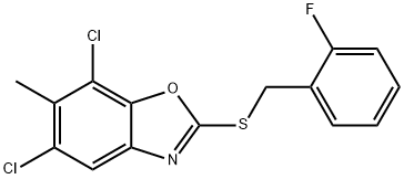 5,7-dichloro-2-[(2-fluorophenyl)methylsulfanyl]-6-methyl-1,3-benzoxazole 结构式