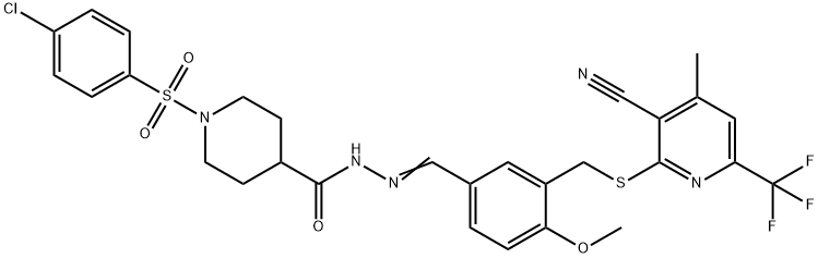 1-(4-chlorophenyl)sulfonyl-N-[(E)-[3-[[3-cyano-4-methyl-6-(trifluoromethyl)pyridin-2-yl]sulfanylmethyl]-4-methoxyphenyl]methylideneamino]piperidine-4-carboxamide 结构式