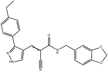 (E)-N-(1,3-benzodioxol-5-ylmethyl)-2-cyano-3-[5-(4-ethylphenyl)-1H-pyrazol-4-yl]prop-2-enamide 结构式