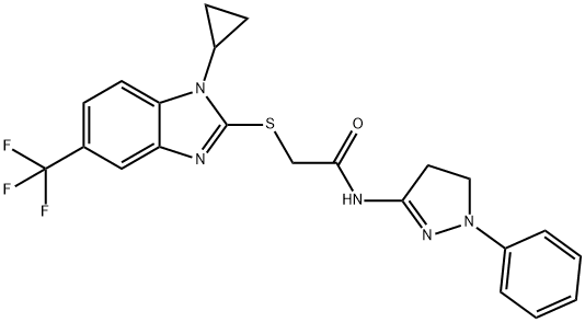 2-[1-cyclopropyl-5-(trifluoromethyl)benzimidazol-2-yl]sulfanyl-N-(2-phenyl-3,4-dihydropyrazol-5-yl)acetamide 结构式