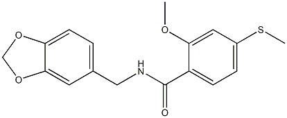 N-(1,3-benzodioxol-5-ylmethyl)-2-methoxy-4-methylsulfanylbenzamide 结构式