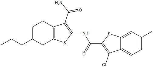 N-(3-carbamoyl-6-propyl-4,5,6,7-tetrahydro-1-benzothiophen-2-yl)-3-chloro-6-methyl-1-benzothiophene-2-carboxamide 结构式