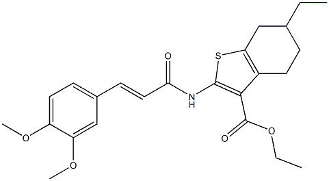 ethyl 2-[[(E)-3-(3,4-dimethoxyphenyl)prop-2-enoyl]amino]-6-ethyl-4,5,6,7-tetrahydro-1-benzothiophene-3-carboxylate 结构式