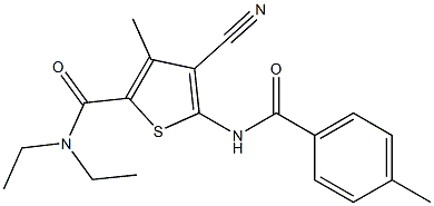 4-cyano-N,N-diethyl-3-methyl-5-[(4-methylbenzoyl)amino]thiophene-2-carboxamide 结构式