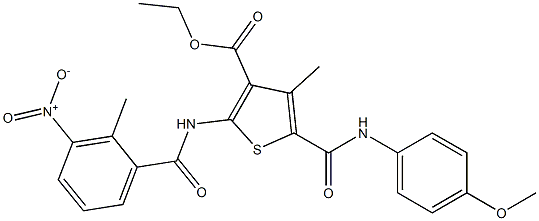 ethyl 5-[(4-methoxyphenyl)carbamoyl]-4-methyl-2-[(2-methyl-3-nitrobenzoyl)amino]thiophene-3-carboxylate 结构式