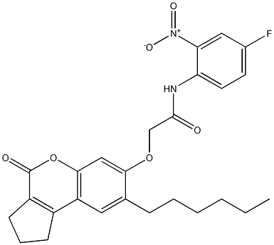 N-(4-fluoro-2-nitrophenyl)-2-[(8-hexyl-4-oxo-2,3-dihydro-1H-cyclopenta[c]chromen-7-yl)oxy]acetamide 结构式